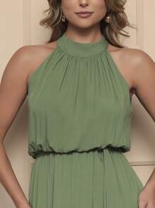 Vestido Longo Feminina Liso Gola Alta Tres Maria Com Cinto