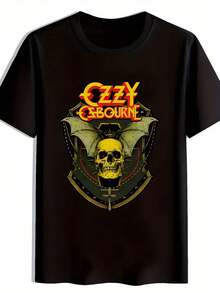 Skeleton, Bat, Retro Rock Band, Heavy Metal, Punk, Printed Round Neck Short Sleeve T-Shirt Top, Comfortable And Breathable Fabric, Casual Sports Style Men 100% Cotton Street Wear T-Shirt, - 黑色 - 查看 1