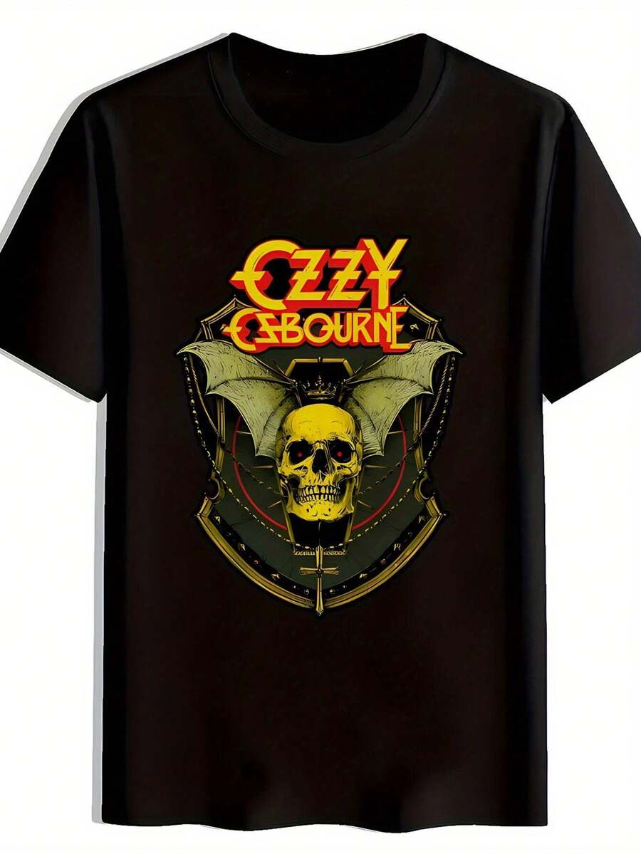 Skeleton, Bat, Retro Rock Band, Heavy Metal, Punk, Printed Round Neck Short Sleeve T-Shirt Top, Comfortable And Breathable Fabric, Casual Sports Style Men 100% Cotton Street Wear T-Shirt, - 黑色 - 查看 1