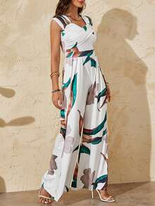 ChicMe Women's Off-Shoulder Botanical Print Jumpsuit, Elegant Wide-Leg Jumpsuit, Suitable For Office, Cocktail Party And Other Occasions Summer - Green - View 4