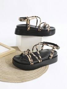 Sandalias con cuña y suela gruesa de moda para mujeres, zapatos de playa con tacón de plataforma de tacón alto, con tiras con moño, color negro