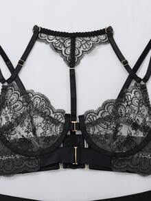 3件套女士性感内衣套装，网纱透视吊带背心 - 黑色 - 查看 8