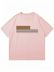 Men's Stripe & Print Round Neck Short Sleeve Casual T-Shirt, Summer, 2000s Style - Pink - View 5