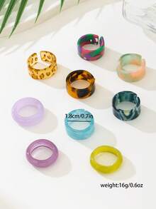 9 件套豹纹亚克力简约几何开口戒指套装，优雅时尚，适合作为母亲节礼物，适合派对、宴会和日常佩戴 - 彩色 - 查看 3