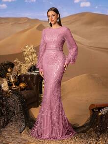 Faeriesty 优雅长袖亮片美人鱼礼服，饰以精致水晶串珠刺绣，闪耀夺目，修身喇叭裙摆，是红毯活动、奢华婚礼、正式晚宴和春假时装秀派对的理想之选。 - 藕粉色 - 查看 1