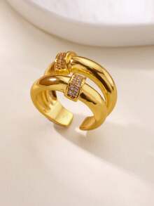1 件奢华锆石几何开口戒指，适合女士男士 18k 镀金不锈钢戒指，结婚情侣珠宝礼物 - 金黃色 - 查看 4