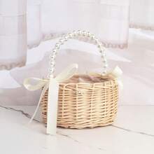 1 pezzo Elegante cestino portafiori in vimini per damigella d'onore con maniglie in perle e fiocchi di nastro - Cestino da matrimonio in rattan marrone realizzato a mano, ideale per le damigelle d'onore