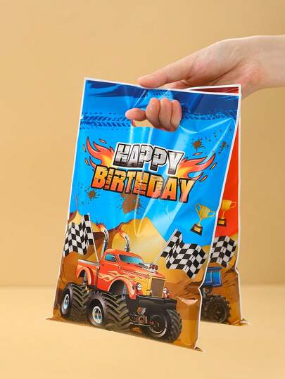 10/25/50pcs Monster Truck Birthday Gift Bags, Red & Blue Truck Flag Pattern Happy Birthday Gift Packaging Bags, Racing Theme Party Decor Bags, Happy Birthday Party Decor Plastic Bags, Holiday Celebration Party Favor Packaging, Shopping Small Item Packaging Bags, Kitchen Packaging, Birthday Gifts, Party Favors