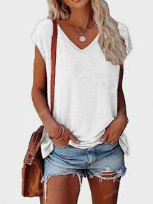 3 piezas Camisetas de manga corta con cuello en V liso, ropa casual de mujer para primavera y verano