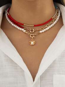 3pcs/Set Unique Vintage Handmade Woven Necklace, Mixed Seashell & Faux Pearl Pendant Necklace Sets For Women - Multicolor - View 4