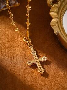 1pc Women's Fashion European Copper Plated 18K Gold Multicolor Zirconia Flower Cross Pendant Necklace, Suitable For Gifts, Parties And Daily Wear, Velvet Bag Packaging