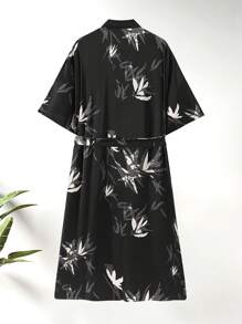 New Style Men's Fashion Casual Leaf Print Short Sleeve Belted Robe In Woven Fabric
