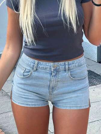 Zomerse nieuwe Europese en Amerikaanse sexy strakke minimalistische denim shorts met taillelift voor dames