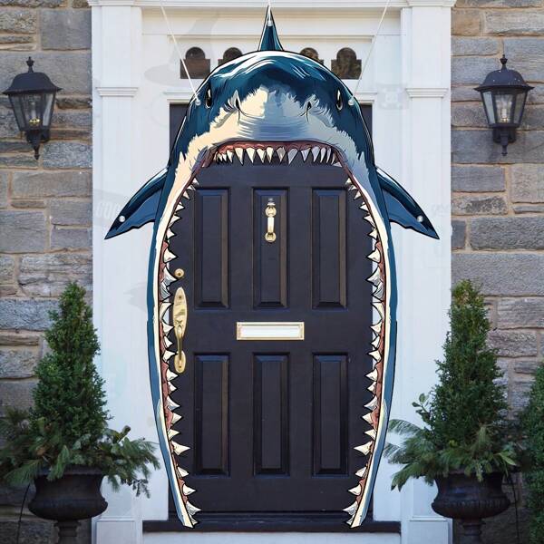 Shark Themed Party Banner Shark Party Door Decoration Sea Animal Photo Backdrop Shark Door Cover For Shark Birthday Party Cute Birthday Party Photo Booth Props