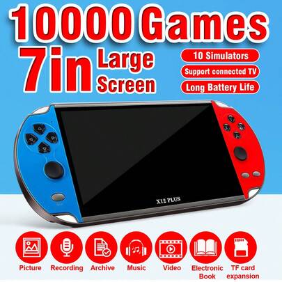 1pc New Multifunctional Handheld Game Console Containing 10000 Classic Nostalgic Games10 PS1/GBA/FC Simulators 7-Inch Large Screen TV-Connectable Game Archives Supports Pictures/Recording/Music/Video/E-Books Old-Fashioned Retro Dual-Joystick Handheld Game Console Holiday Birthday Gift