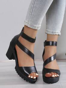 European & American Style Hollow-Out Black High Heel Sandals For Women, Chunky Heel, Back Zipper Design For Easy On/Off, Fashion & Comfortable Punk Peep-Toe Roman Sandals