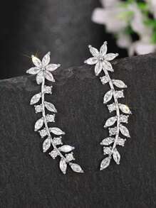 1 Pair Luxury Cubic Zirconia Flower Leaf Vine Ear Climber Stud Earrings,Elegant Cuff Earring For Women Wedding Engagement Anniversary Party Jewelry Gift