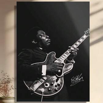 Framed Canvas  BB King Poster With Signature - Electric Guitarist Art Print - Blues Music Singer Wall Design - Black White Artwork Printed For Home, Office, Living Room, Cafe, Dorm, Christmas, Thanksgiving, New Year, Valentine'S Day  Kitchen, Coffee Corner, Bedroom, Bathroom, Classroom, Fall, Spring, Indoor, Outdoor Decor
