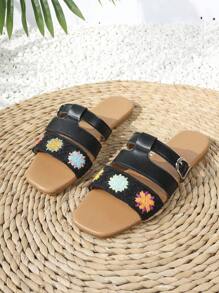 Sandalias de estilo bohemio de piel de poliuretano bordadas para playa, hogar y oficina