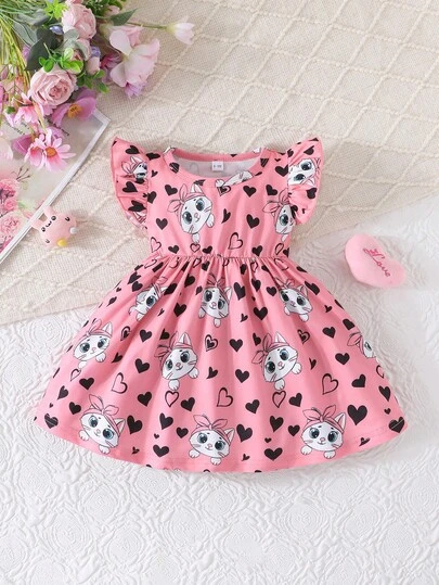 3pcs/Set Baby Girls Cute Cartoon Cat & Heart Pattern Cap Sleeve Dress Casual Summer Outfit