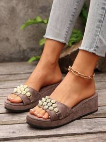 Women's Fashion Pearl Decor Wedge Slippers, Suitable For Wedding, Party, Vacation, Casual Wear, Thick Sole Sandals
