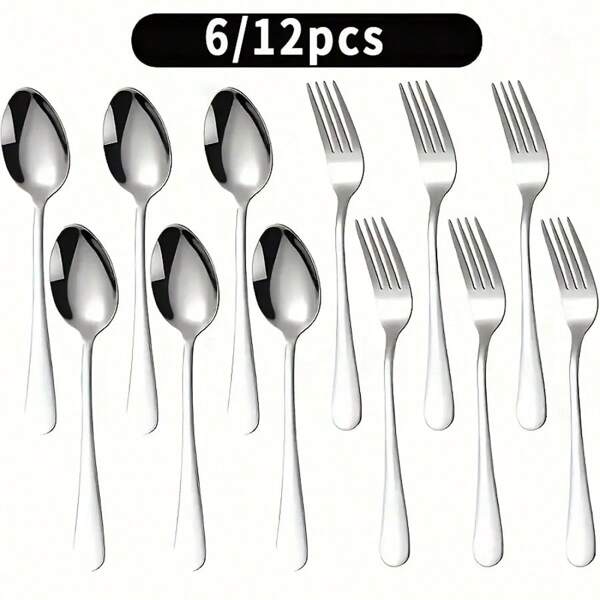 6pcs/12pcs Stainless Steel Silverware Set, Heavy Duty Forks And Spoons, Salad Forks And Spoons, Suitable For Restaurants, Hotels, Parties, Christmas, Thanksgiving, Picnics,School Supplies