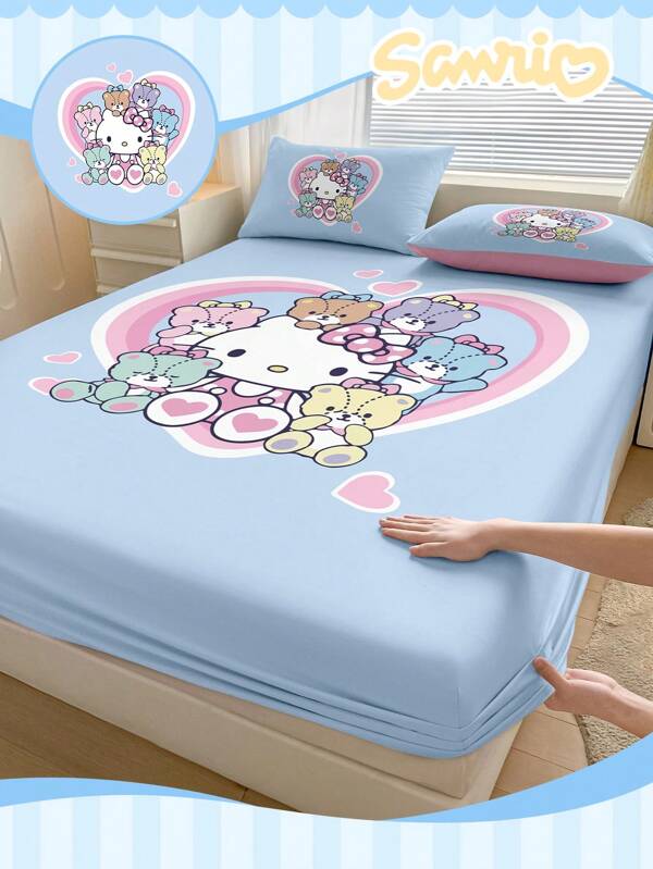 Sanrio 1 Stück Sanrio Jersey Spannbetttuch, Sanrio Bettwäsche, Matratzenauflage, Bettbezug, Betttuch, kuschelige Heimtextilie, atmungsaktive und pillingsbeständige Matratzenauflage, weich und hautfreundlich, Cartoon-Muster Bettbezug, Sanrio Heimdekoration, passend für alle Bettgrößen - Einzelbett, Vollbett, Queensize, Kingsize, geeignet für alle Jahreszeiten, Sanrio Artikel, staubdicht Bettüberwurf, staubdicht rutschfest, Kopfkissenbezüge nicht enthalten, ohne Füllung, maschinenwaschbar, Schulanfang