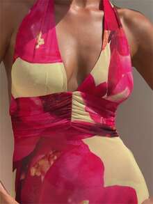 Womens Boho Floral Print Halter Maxi Bodycon Dress Deep V Neck Sleeveless Backless Dresses Cocktail Long Dress Beach Vacation Party Sundress Outfit - 紅色 - 查看 7