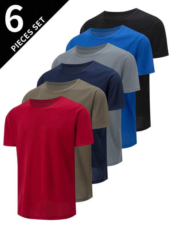Set de 6 camisetas de manga corta de unicolor transpirables para hombres, tops deportivos de secado rápido para correr al aire libre y gimnasio
