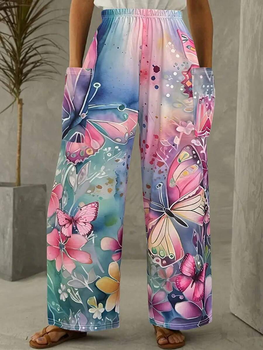 Quần ống rộng dáng suông thoải mái, cạp chun, họa tiết mèo hoạt hình, túi, dành cho nữ, cỡ lớn, mùa thu. - Màu Hồng Dưa hấu - Xem 1