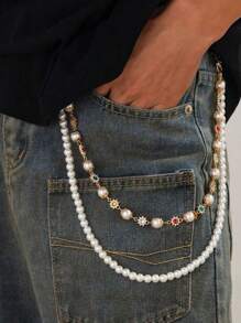 1pc Men's Double Layer Alloy Pants Chain, Faux Pearl & Rhinestone Floral Charm Chain, Suitable For Daily Wear And Parties
