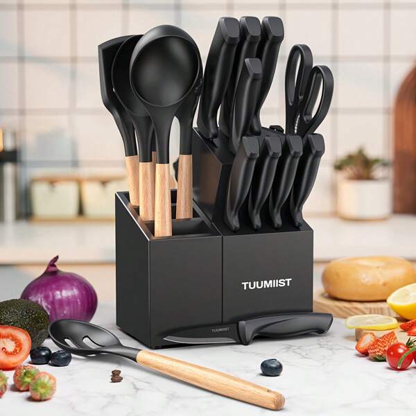 Set di coltelli con blocco - Set di coltelli da cucina da 18 pezzi per uso quotidiano in cucina - Comprende 10 coltelli e 6 utensili in silicone