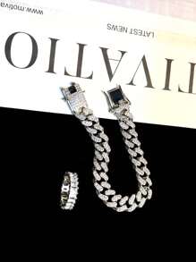 2 Peças Conjunto de Anel com Strass de Luxo e Pulseira de Corrente, Adequado para Uso Diário, Festa, Encontro, Dia das Mães, Dia dos Namorados, Dia dos Pais, Conjunto de Joias Unissex