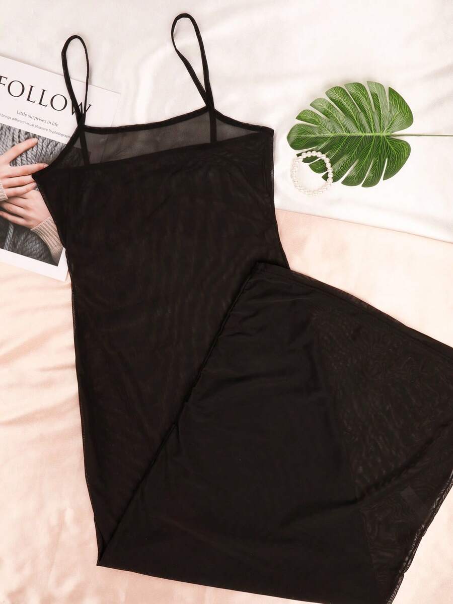 One-Piece Ladies' Sexy Dress, Solid Color, Sheer, Slightly Transparent,Comfortable Elegant, Seductive Festive Style, Holiday Party Dress For Christmas Nights & Romantic Occasions. - Black - View 1