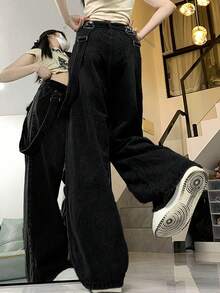 Detachable Strap High Waist Loose Wide Leg Jeans, Retro & Niche, Slimming Design