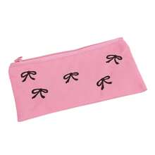 1pc Beautiful Pencil Bag, Creative Bow Embroidery Pattern , Simple And Stylish Pencil Case Desktop Finishing Essentials, Back-To-School Must-Have Stationery
