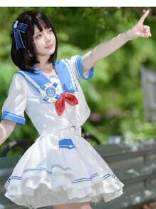 Gotea Girl's Sailor Uniform Set, Blue Navy Academy Style Short Sleeve Summer Set (Comes With Tie)