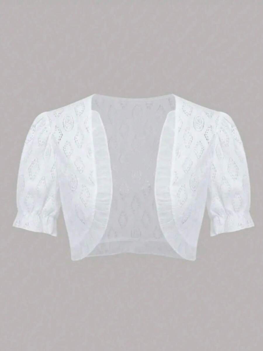 Áo kiểu ngắn ren rỗng mùa hè cho nữ, áo kiểu tay ngắn bồng bềnh thanh lịch, màu trắng dành cho nữ. - trắng - Xem 1