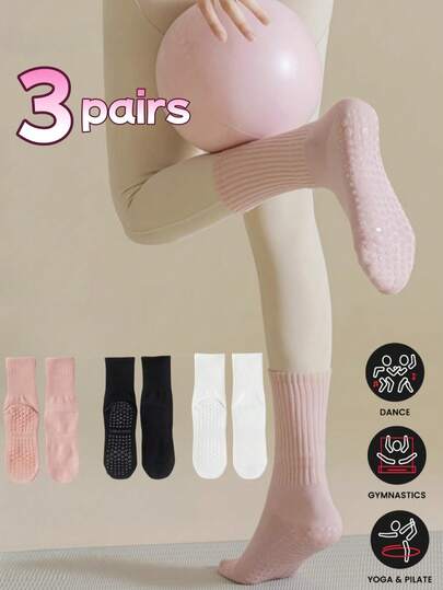 3 Pairs Women Anti-Slip Yoga Socks, Suitable For All Seasons, Women's Non-Slip Long Socks With Grip, Fit For Ballet, Dance, Pilates, Gym, Fall