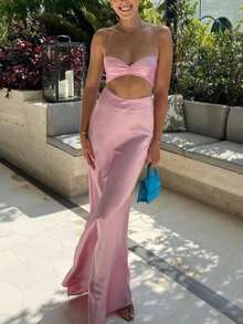 Elegant Women's Party Two Pieces Set - Strap Cross Back Short Top With Elegant Long Skirt Zipper Design, Suitable For Banquet, Ball, Festival Celebration, And Wedding Guests' Styling - Pink - View 4