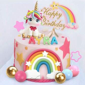 Unicorn Cake Decoration Set, Birthday Party, Birthday Cake, Cupcakes, Unicorn Rainbow Cake Decoration And Rainbow Star Unicorn Ball Happy Birthday Cake Decoration