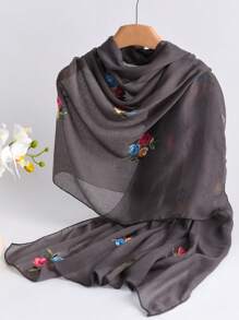 1pc Elegant Floral Embroidered Linen Scarf, Fashionable Versatile Hijab/Shawl For Women, Lightweight And Windproof For Outdoor, Daily Wear