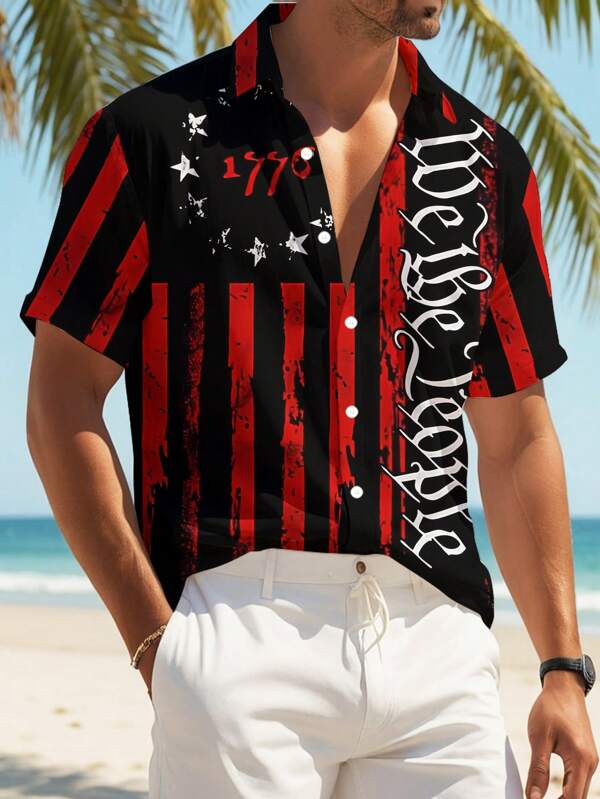 Camisa de manga corta casual de hombre con estampado gráfico de tiburón de vacaciones, verano