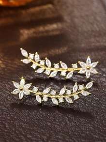 1 Pair Luxury Cubic Zirconia Flower Leaf Vine Ear Climber Stud Earrings,Elegant Cuff Earring For Women Wedding Engagement Anniversary Party Jewelry Gift