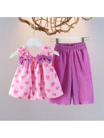 2Pcs/Set Girls Camisole Chiffon Bow Floral Top + Wide Leg 3/4 Pants