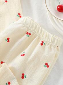 2 piezas Conjunto de ropa de dormir para niña preadolescente: Camiseta de manga corta con estampado de cerezas y pantalón largo, para verano