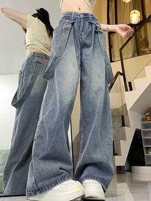 Quần Jeans Ống Rộng Lưng Cao Cổ Điển Niche Có Thể Tháo Rời Có Dây Đeo, Ôm Sát - Màu xanh lam - Xem 4