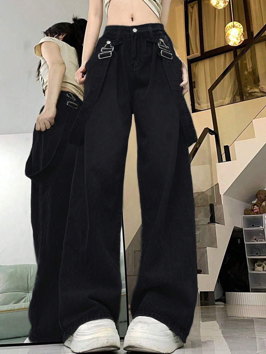 Detachable Strap High Waist Loose Wide Leg Jeans, Retro & Niche, Slimming Design