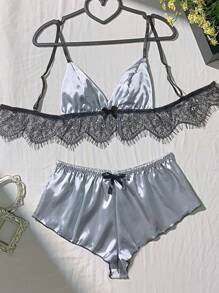 1 Set Pigiama da donna sexy in 2 pezzi, con top in pizzo traforato, in seta charmeuse elasticizzata