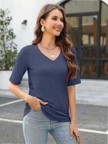 QUEENTI Women's Casual Short Sleeve Slim Basic Blouse - Hải quân - Xem 4
